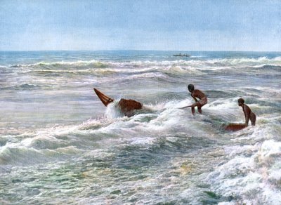 Launching a catamaran off the coast of Madras, India, early 20th century by Unbekannt