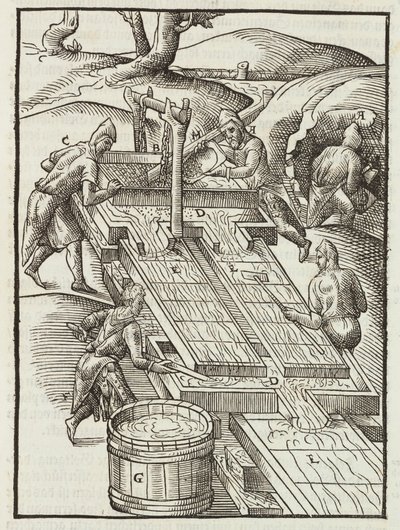 Washing gold ore in wooden trays filled with water - Engraving from Description of ores and main mining methods, by Lazarus Ecker by Unbekannt