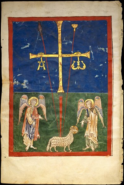 Leaf from a Beatus Manuscript: the Lamb at the Foot of the Cross, Flanked by Two Angels by Unbekannt
