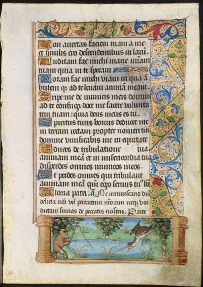 Leaf from a Book of Hours: Ape Fishing by Unbekannt