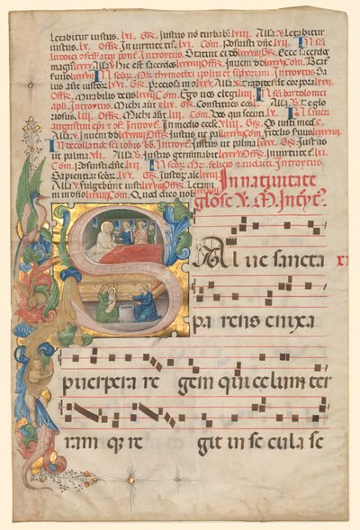 Leaf from a Gradual: Historiated Initial S[alve Sancta Parens] with Birth of the Virgin (recto) by Unbekannt