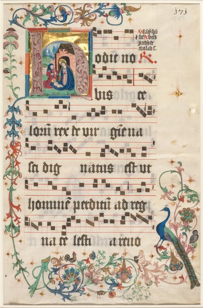 Leaf from an Antiphonary: Initial H with the Nativity recto and Text verso, c. 1480 by Unbekannt