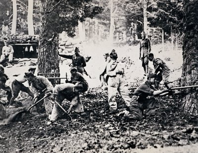 Legionnaires on the front of the Sierra cutting pine trees and filling the bags to make shelters against enemy planes by Unbekannt