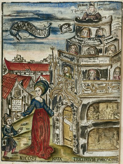The Liberal Arts, Grammar: Nicostrata (also called Carmenta), Holding a Hornbook, Manual for Teaching (here, an Alphabet Book) and a Key, Opening the Door of the Tower of Learning to a Child by Unbekannt