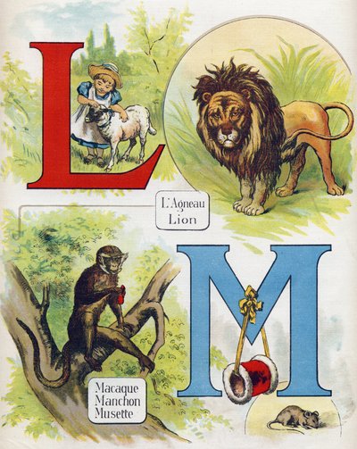 Letter L and M: Lamb and Lion, Macaque, Sleeve and Musette. Engraving in 