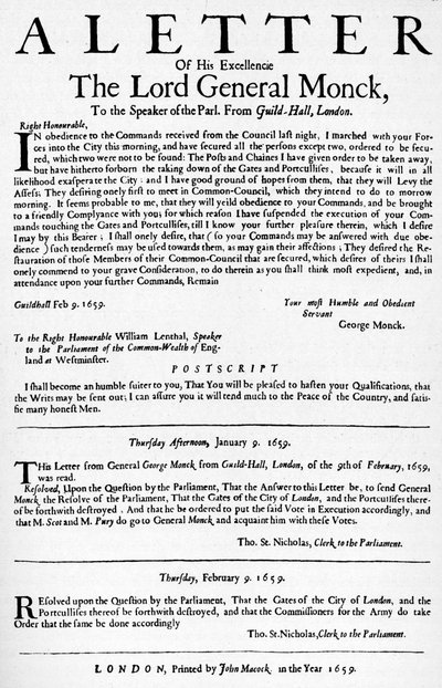 Letter from General Monck to the Speaker of the House of Commons by Unbekannt