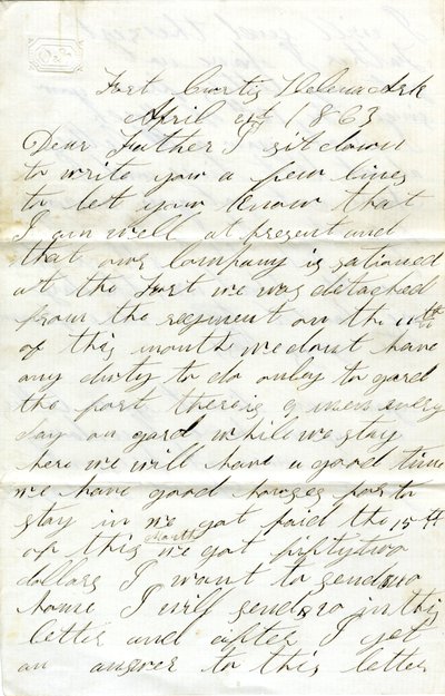Letter signed David T. Massey, Fort Curtis, Helena, Ark., to his father (Nathan Massey), April 21, 1863 by Unbekannt