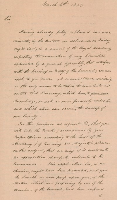 Letter to Benjamin West, President of the Royal Academy by Unbekannt