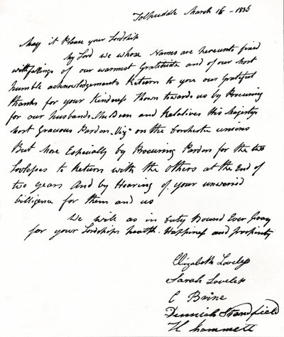Letter written to Home Secretary John Russell by the wives of the Tolpuddle Martyrs by Unbekannt