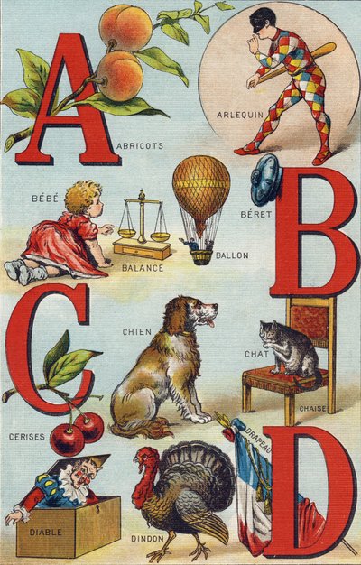 Letters A B C D; Apricots; Harlequin; Balance; Balloon; Bebe; Cherries; Cat Chair; Dog; Blanket; Devil; Turkey; Flag by Unbekannt
