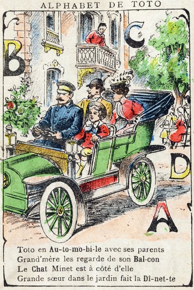 Letters A B C D Car Balcony Cat Dinette. Engraving in 