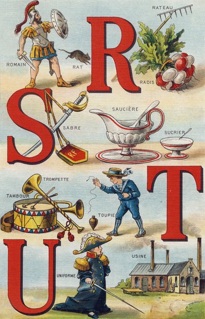 Letters R S T U; Radish Rake; Roman; Saber; Sauciere Sugar; Trumpet Drum; Top; Uniform; Factory by Unbekannt