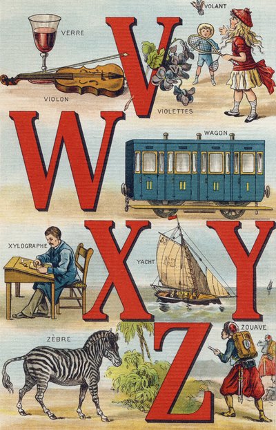 Letters V W X Y Z; Steering wheel; Wagon; Xylograph; Yacht; Zebra; Zouave (Engraving in "Alphabet de ma petite fille") by Unbekannt