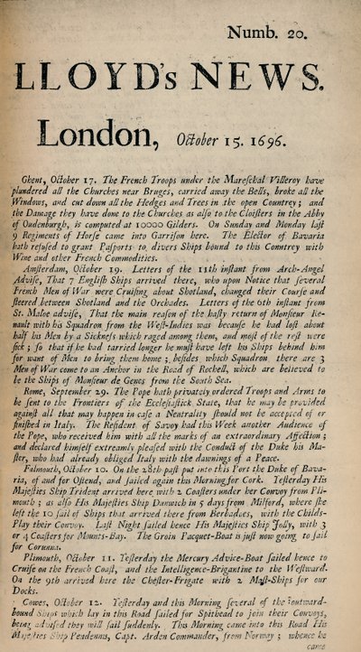Lloyds News. London, October 15, 1696 by Unbekannt