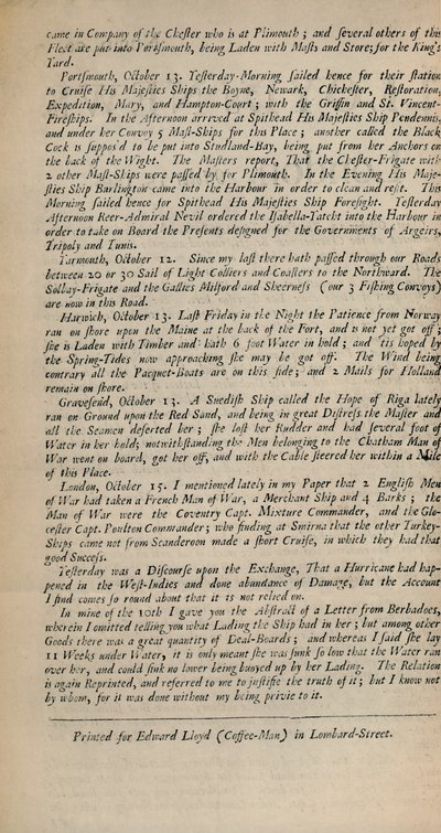 Lloyds News, London, October 15, 1696 - Numb. 20 by Unbekannt