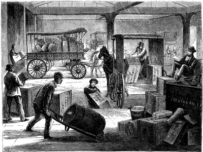 Loading up horse-drawn vans at the Wells Fargo general office, New York, USA, 1875 by Unbekannt