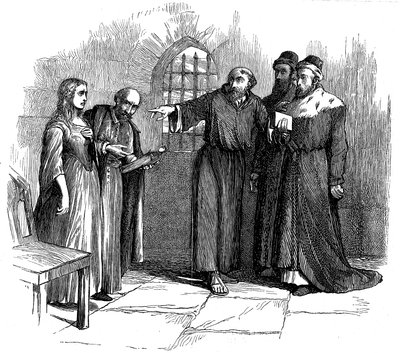 Lucrezia Castellani before Inquisitors after banned Waldenses service, c. 1476, 19th century by Unbekannt