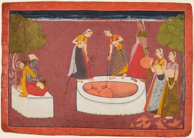 Madhava plays his vina before five women drawing water from a well, from a Madhavanala by Unbekannt