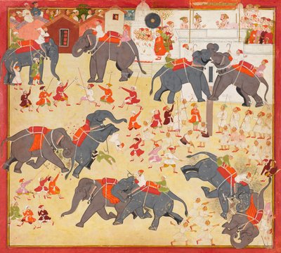 Maharana Raj Singh observing an elephant fight by Unbekannt