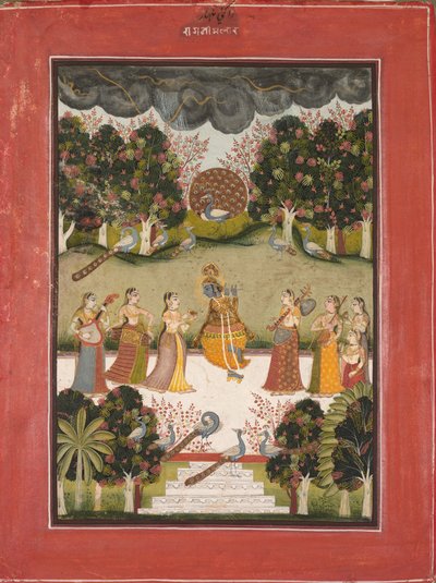 Malar Ragini: Krishna Playing the Flute to Seven Gopis Holding Musical Instruments, c. 1760 by Unbekannt