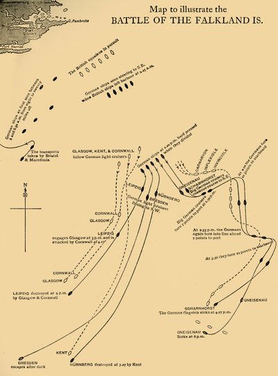 Map Illustrating the Battle of the Falkland Islands on 8 December 1914 by Unbekannt