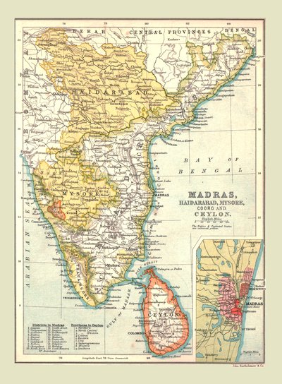 Map of Madras, Hyderabad, Mysore, Coorg and Ceylon by Unbekannt