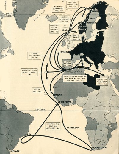 Map showing the movements of HMS Ark Royal, 1939-1941 by Unbekannt