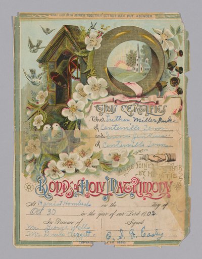 Marriage Certificate of Luther Miller Pulce and Irene Jenkins by Unbekannt