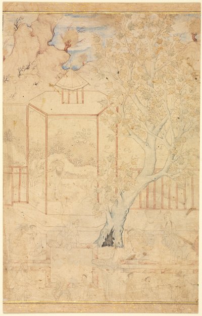 Master and Disciple in a Garden Pavilion, Single Page Illustration by Unbekannt