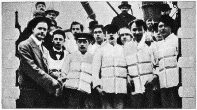 Members of the crew of the Titanic in their life jackets by Unbekannt