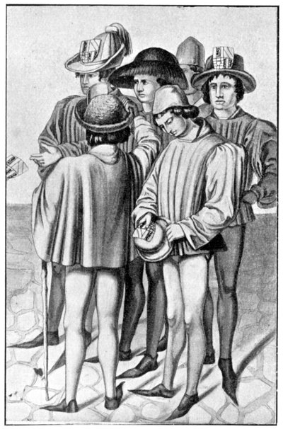 Men wearing favours in their hats, 15th century, 1910 by Unbekannt