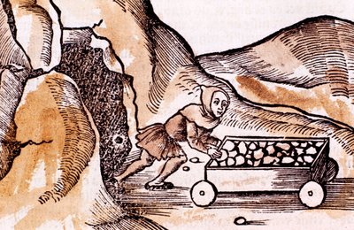 Miner pushing a trolley from a mine entrance by Unbekannt