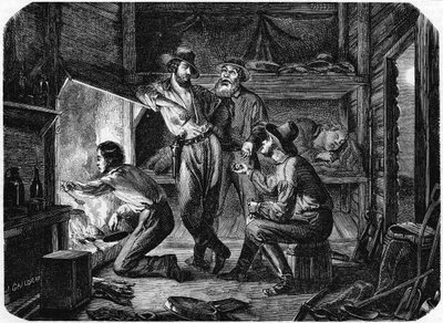 Miners in the Californian Gold Fields Relaxing in Their Log Cabin at Night by Unbekannt