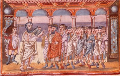 Moses Receiving the Tablets of Law, Miniature from the Moutier-Grandval Bible, ca 830-ca 840 by Unbekannt