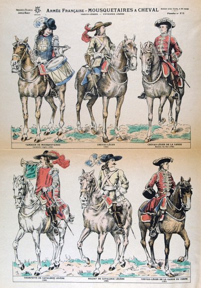Mousquetaires a Cheval 17th Century. French army uniforms. Colour Lithograph. Private collection by Unbekannt