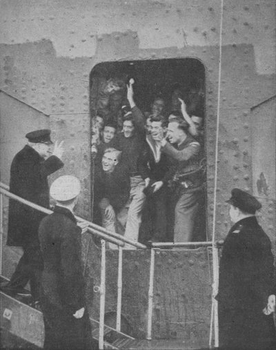 Mr. Churchill Gives the V-Sign to Cheering Members of the Ship