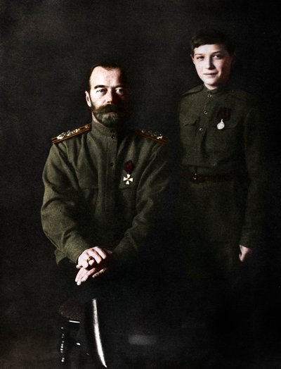 Nicholas II, Tsar of Russia and his son, Alexei, in military uniform by Unbekannt