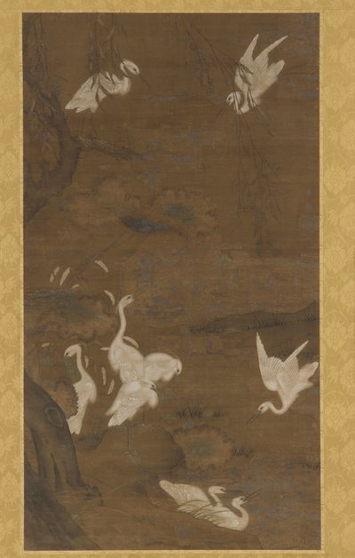 Nine White Egrets and a Willow Tree by Unbekannt