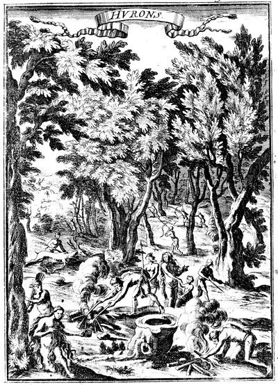North American Huron Indians hunting and preparing food in woodland, 1686 by Unbekannt