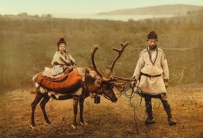 Norway. Lapps (Sami) with a Reindeer. Around 1900. Photochrom. Photograph by Photoglob / Zurich by Unbekannt