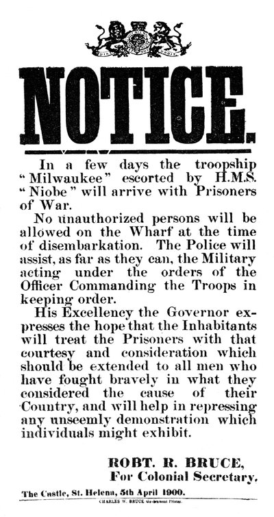 Notice of the Arrival of Boer Prisoners of War on the Milwaukee, St Helena, 5th April 1900 by Unbekannt