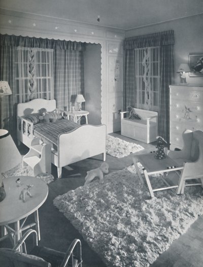 Nursery by W. & J. Sloane, with cream-coloured furniture and shaggy white rugs on a blue painted floor by Unbekannt