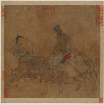 Old Woman on Ox, with Herd-boy and Calf by Unbekannt