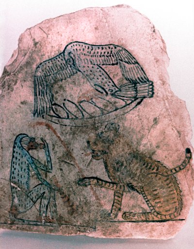 Ostracon Fragment, Cheetah, Bird and Monkey, Egypt by Unbekannt