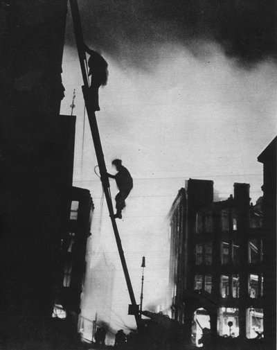 Out in the Blitz, Silhouetted Against the Light of Fires, Rescue Men Climb into a Building by Unbekannt