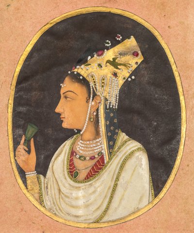 Oval portrait of a woman in a Chaghtai hat by Unbekannt