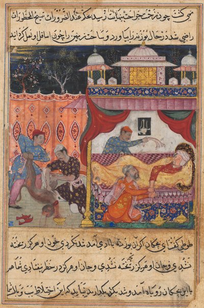 Page from Tales of a Parrot Tuti-nama: Fifth Night: The Monkey Slain, His Blood..., c. 1560 by Unbekannt
