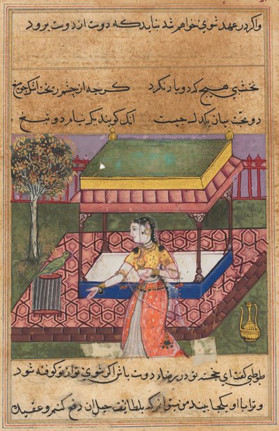 Page from Tales of a Parrot Tuti-nama: Fortieth Night: The Parrot Addresses Khujasta..., c1560 by Unbekannt