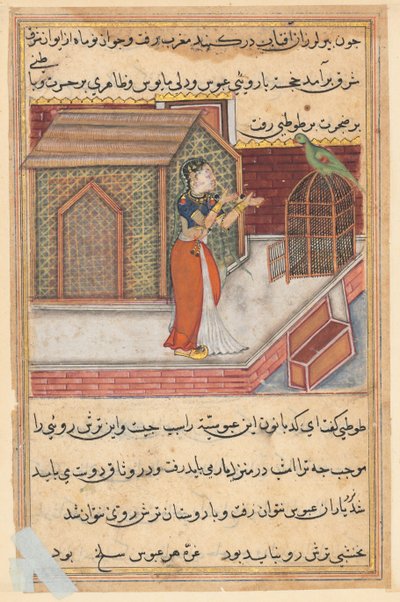 Page from Tales of a Parrot Tuti-nama: Forty-ninth Night: The Parrot Addresses Khujasta by Unbekannt