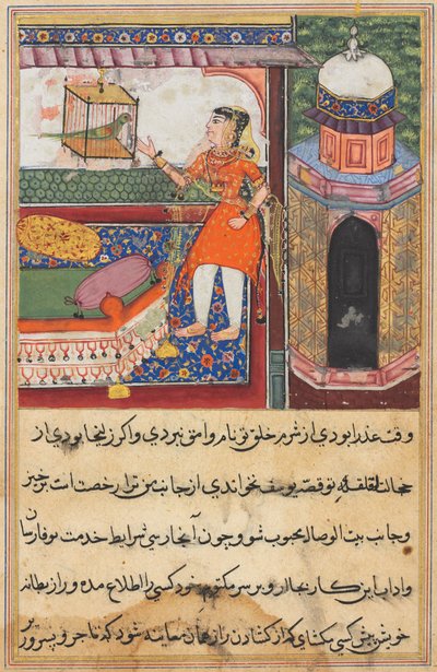 Page from Tales of a Parrot Tuti-nama: Tenth night: The parrot addresses Khujasta, c. 1560 by Unbekannt